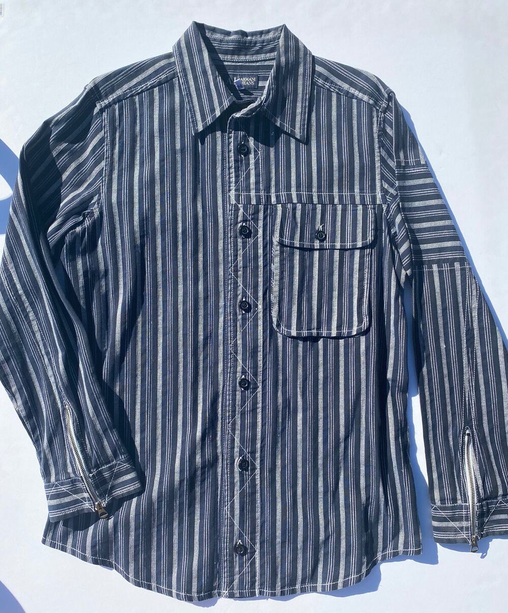 Armani Jeans AJ Mens Size L Blue Striped Long Sleeve Dress Shirt